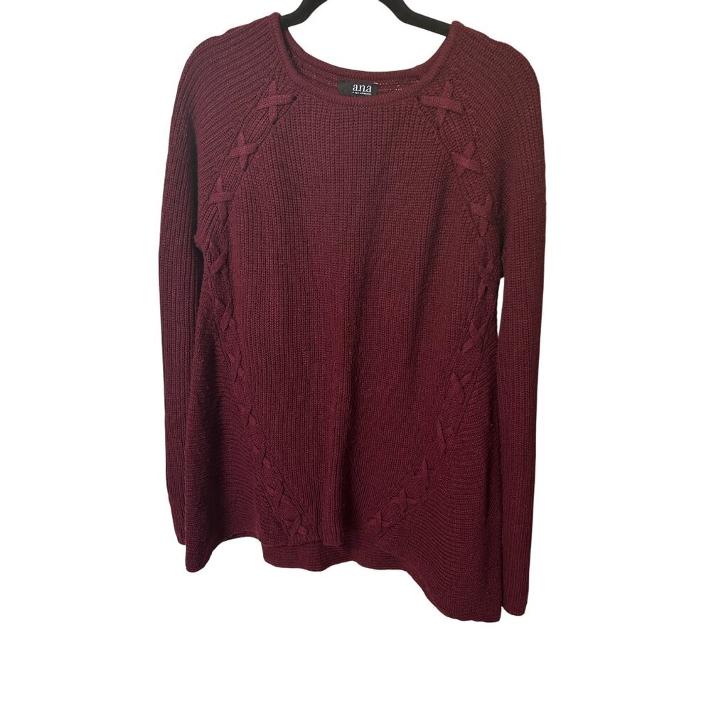 A.n.a Burgundy Knit Sweater L With Raglan Sleeves Crisscross Cable Details 1836